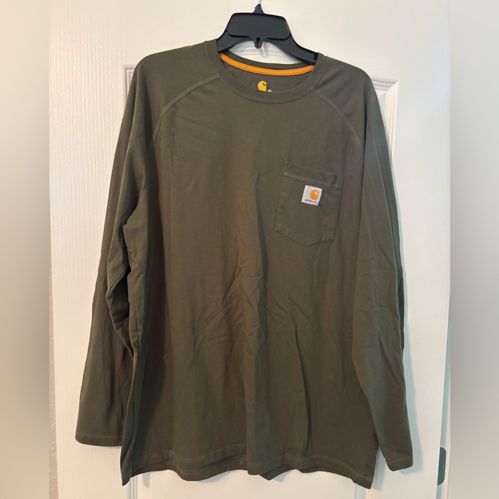 Carhartt Olive Green V‑Neck Pocket Long Sleeve Tee with Yellow Trim